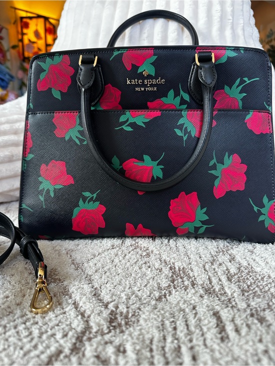kate spade Handbags - Kate Spade New York satchel stunning black leather bold red rose print EUC